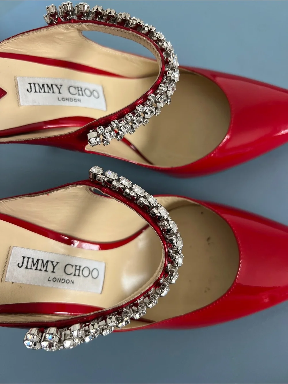 Jimmy Choo bing 100 red patent leather crystal embellished pointed toe pumps 37 - Picture 4 of 8